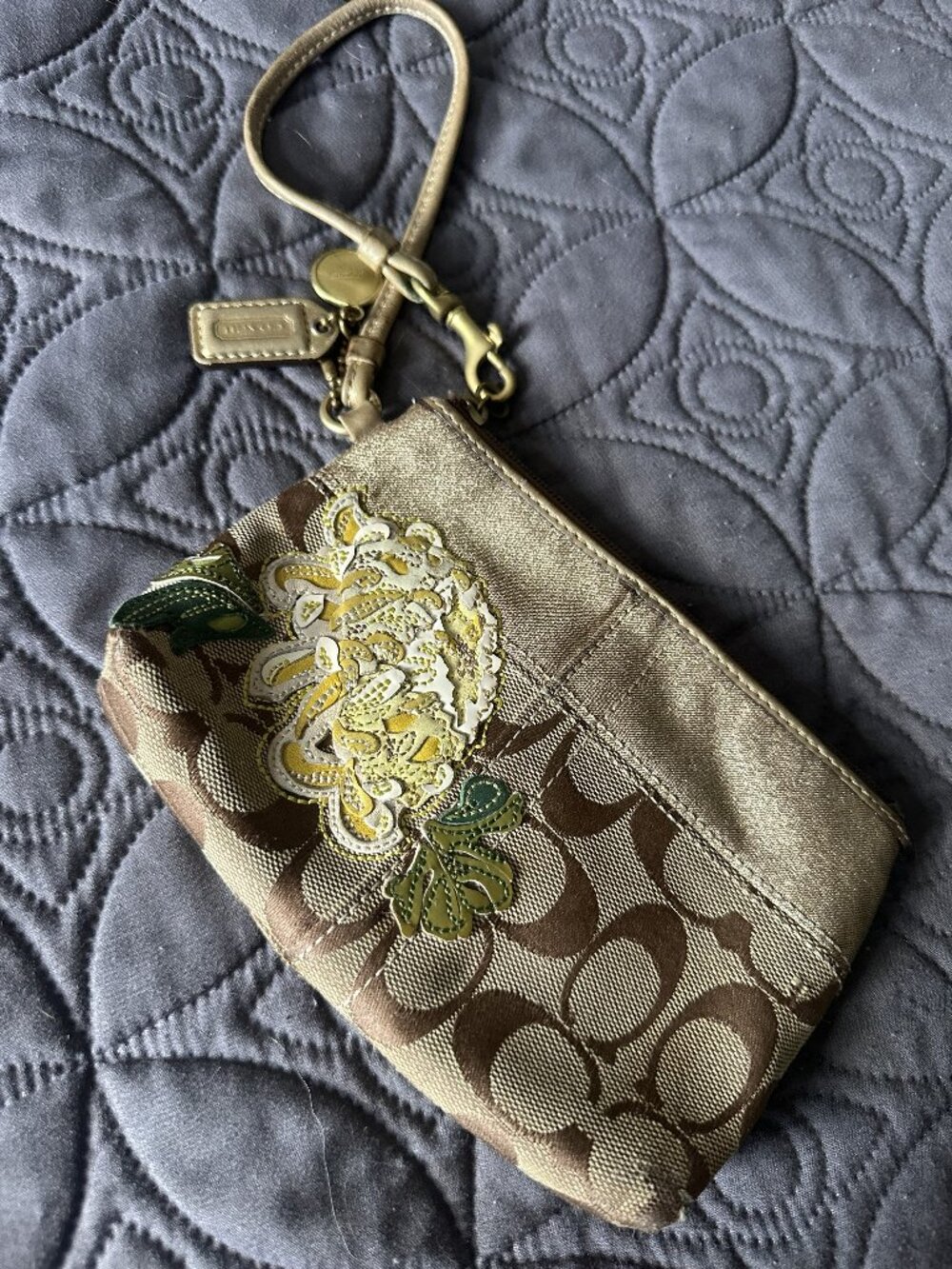 Coach Signature Jacquard Chrysanthemum Floral Applique Wristlet